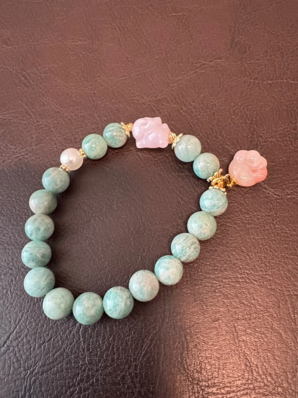 Green Amazonite Beaded Bracelet with Pink Paw Charm and Bunny